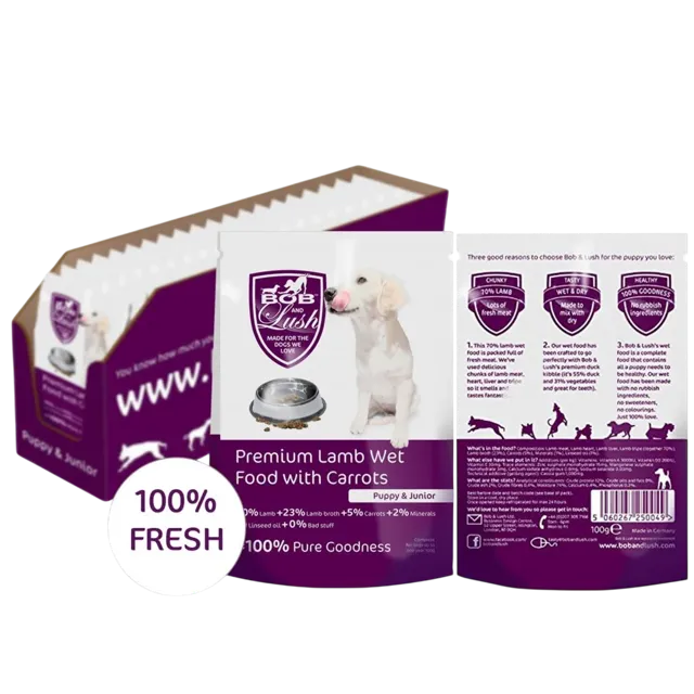 Bob & Lush Puppy Wet – Hypoallergenic 70% Lamb with Carrots (pouches)
