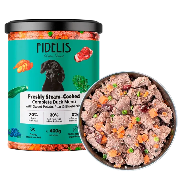 Fidelis Fresh Menu (grain free recipes) – Duck with Sweet Potato, Pear and Blueberries