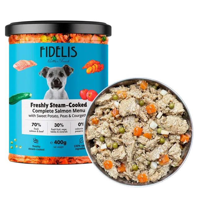 Fidelis Fresh Menu (grain free recipes) – Salmon with Sweet Potato, Peas and Courgette