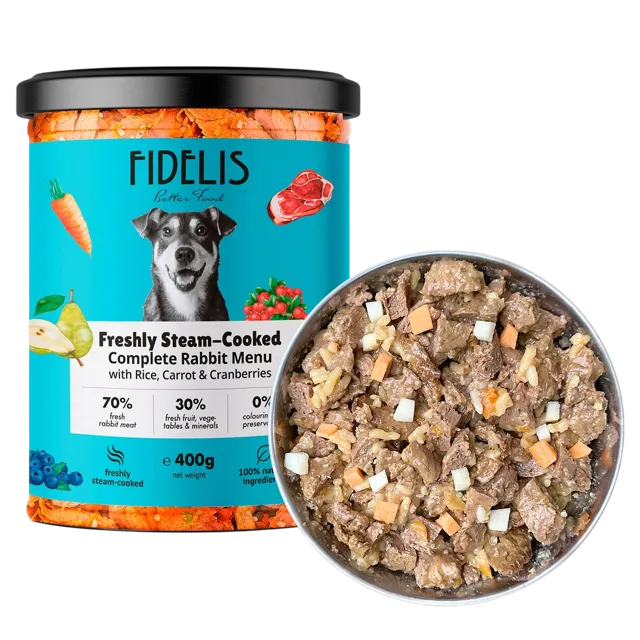 Fidelis Fresh Menu (grain inclusive recipes) – Rabbit with Brown Rice, Carrot and Cranberries