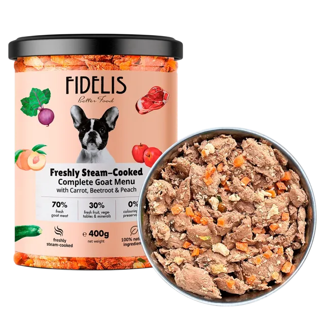 Fidelis Fresh Menu (novel protein recipes) – Goat with Carrot, Beetroot & Peach