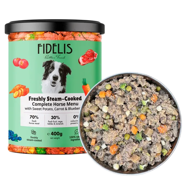 Fidelis Fresh Menu (novel protein recipes) – Horse with Sweet Potato, Carrot & Blueberries