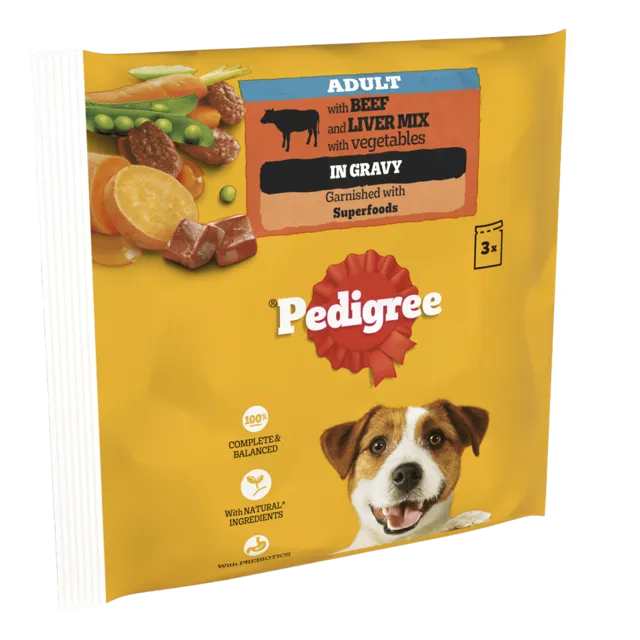 Pedigree Pouches in Gravy – Beef & Liver Mix 3 x 100g